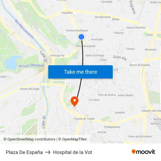 Plaza De España to Hospital de la Vot map
