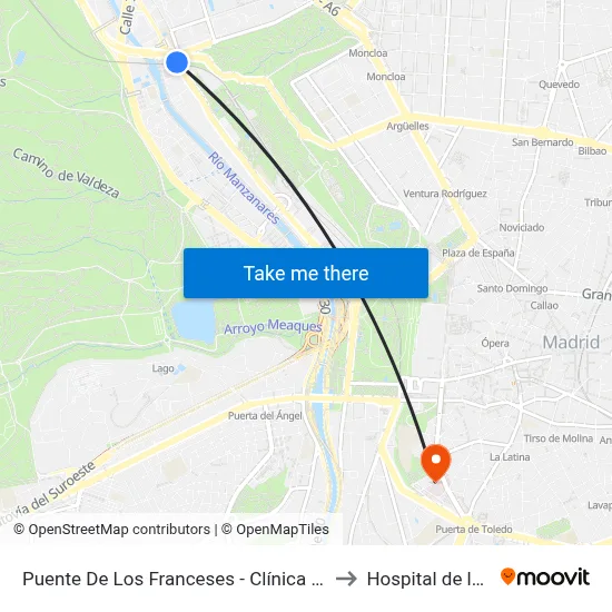 Puente De Los Franceses - Clínica Moncloa to Hospital de la Vot map
