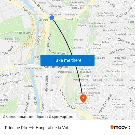 Príncipe Pío to Hospital de la Vot map