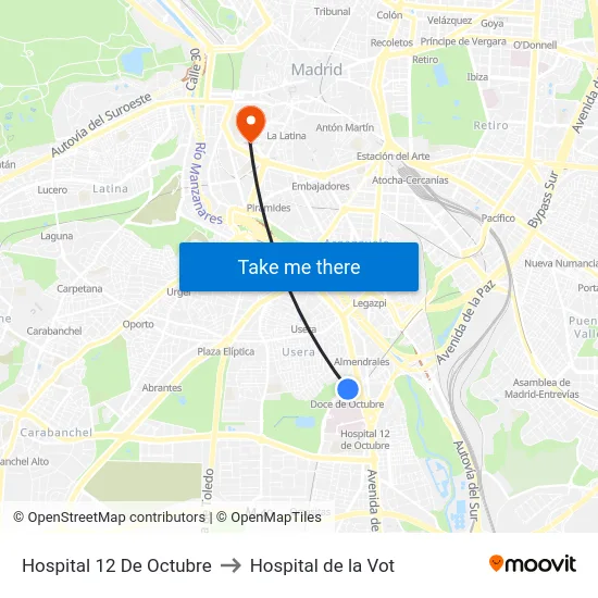 Hospital 12 De Octubre to Hospital de la Vot map