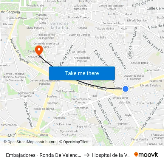 Embajadores - Ronda De Valencia to Hospital de la Vot map