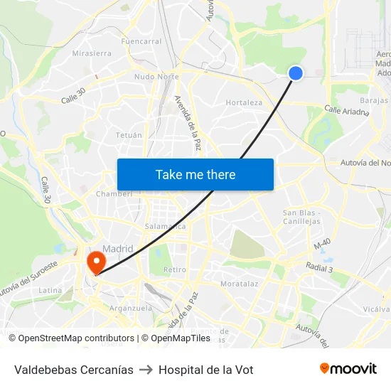 Valdebebas Cercanías to Hospital de la Vot map
