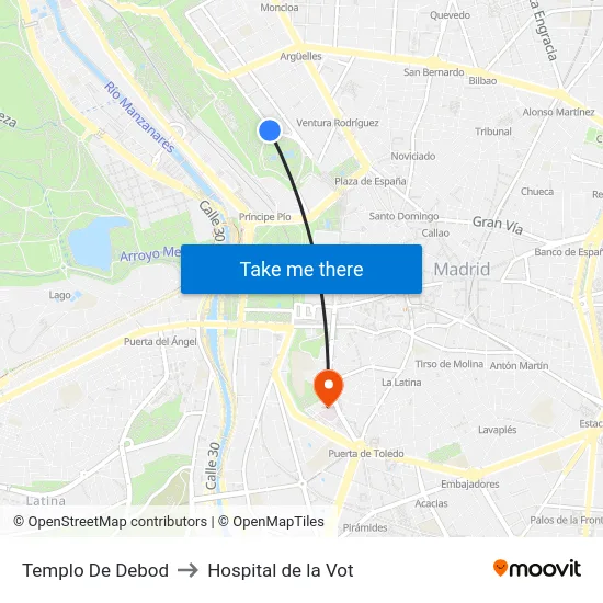 Templo De Debod to Hospital de la Vot map