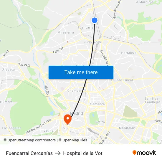 Fuencarral Cercanías to Hospital de la Vot map