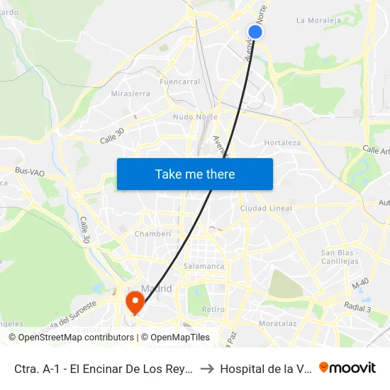 Ctra. A-1 - El Encinar De Los Reyes to Hospital de la Vot map