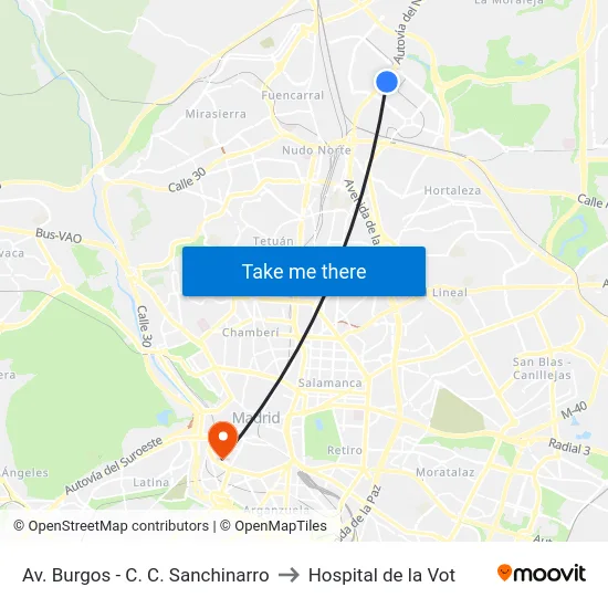Av. Burgos - C. C. Sanchinarro to Hospital de la Vot map