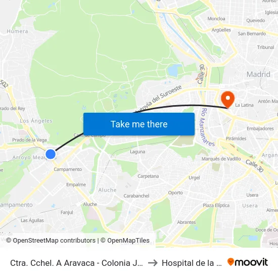Ctra. Cchel. A Aravaca - Colonia Jardín to Hospital de la Vot map