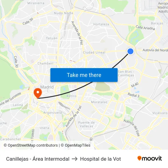 Canillejas - Área Intermodal to Hospital de la Vot map
