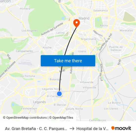 Av. Gran Bretaña - C. C. Parquesur to Hospital de la Vot map