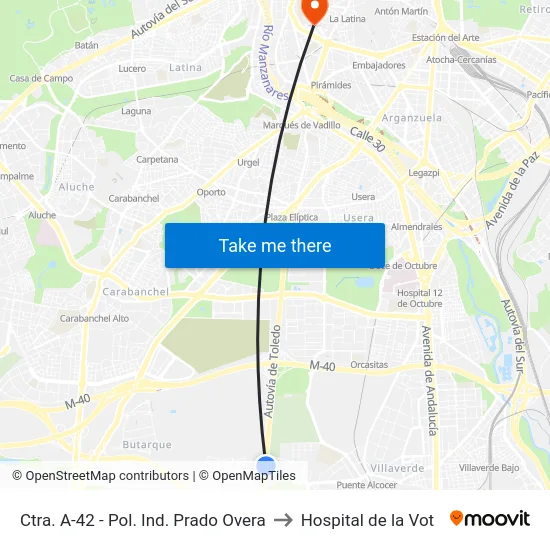 Ctra. A-42 - Pol. Ind. Prado Overa to Hospital de la Vot map