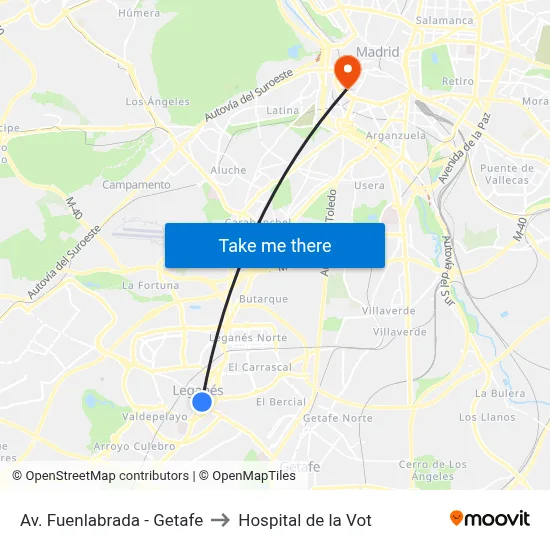 Av. Fuenlabrada - Getafe to Hospital de la Vot map
