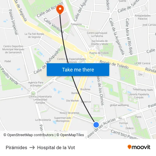 Pirámides to Hospital de la Vot map