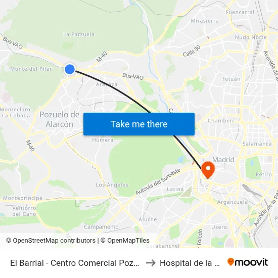El Barrial - Centro Comercial Pozuelo to Hospital de la Vot map
