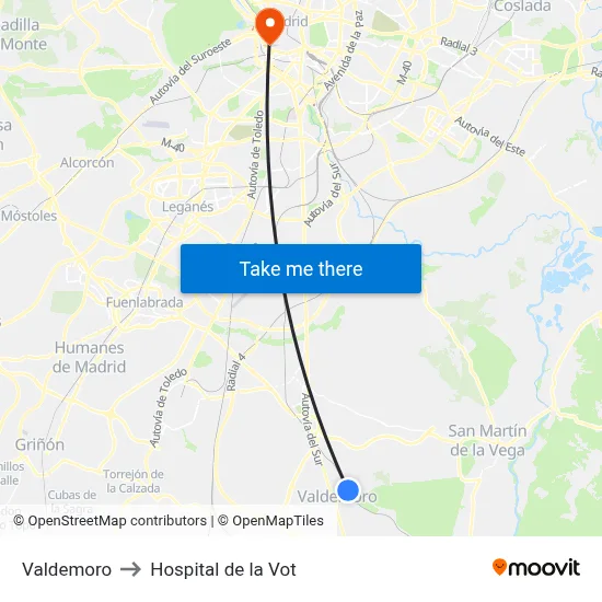 Valdemoro to Hospital de la Vot map
