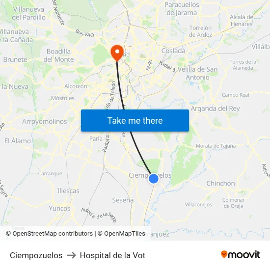 Ciempozuelos to Hospital de la Vot map