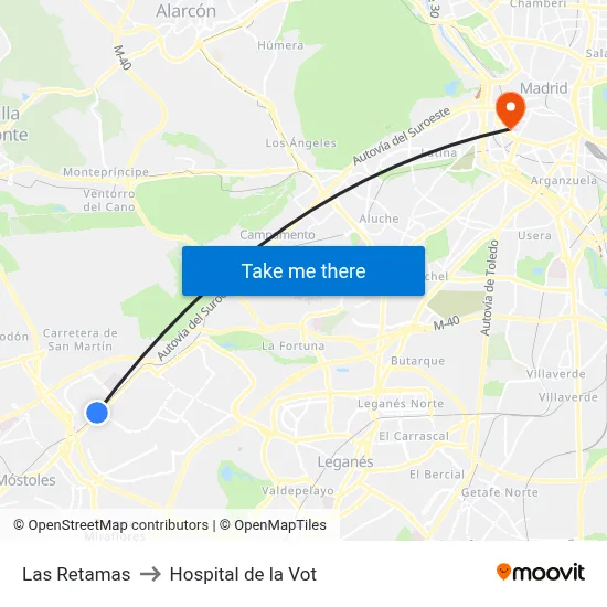 Las Retamas to Hospital de la Vot map