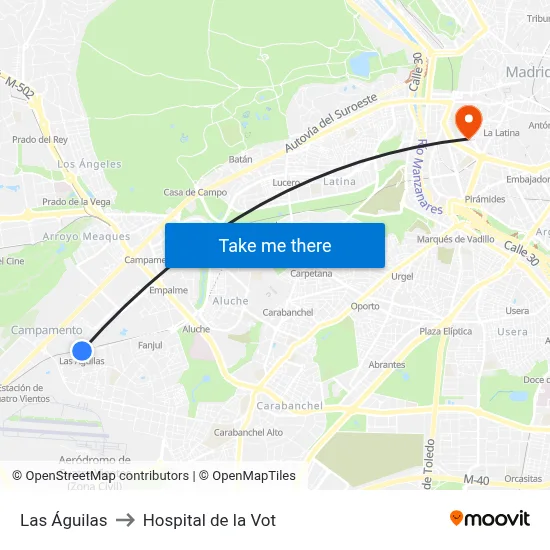 Las Águilas to Hospital de la Vot map