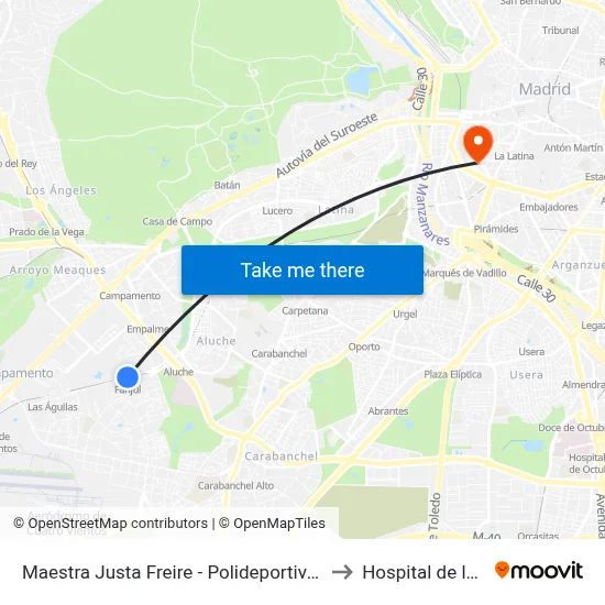 Maestra Justa Freire - Polideportivo Aluche to Hospital de la Vot map