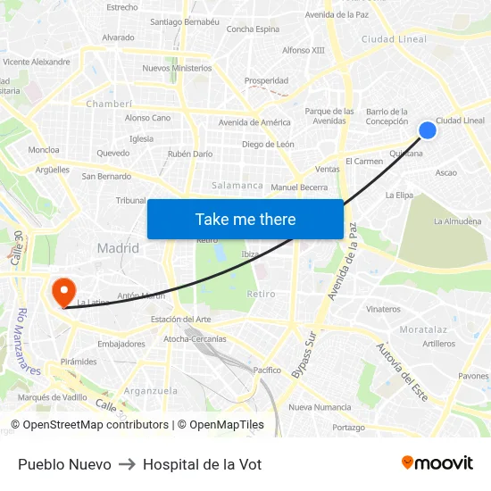 Pueblo Nuevo to Hospital de la Vot map