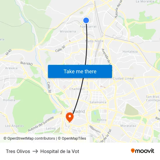 Tres Olivos to Hospital de la Vot map