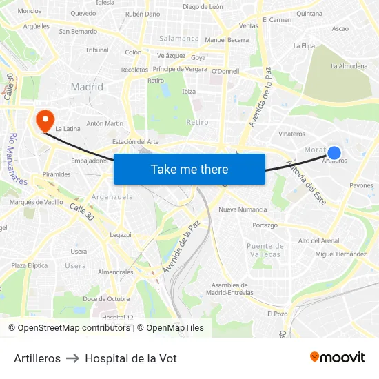 Artilleros to Hospital de la Vot map