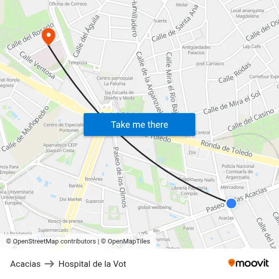 Acacias to Hospital de la Vot map