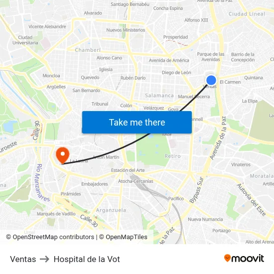 Ventas to Hospital de la Vot map