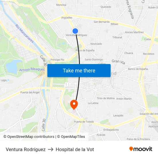 Ventura Rodríguez to Hospital de la Vot map