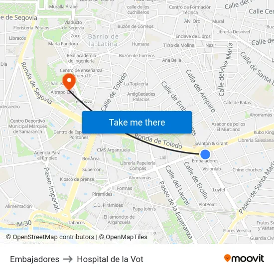 Embajadores to Hospital de la Vot map