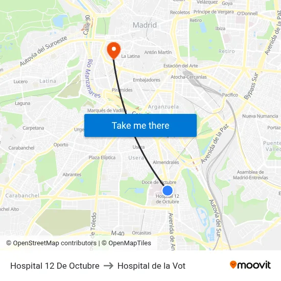 Hospital 12 De Octubre to Hospital de la Vot map