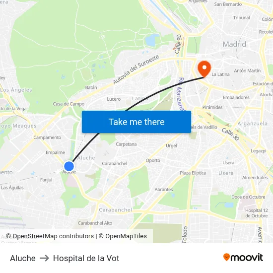 Aluche to Hospital de la Vot map