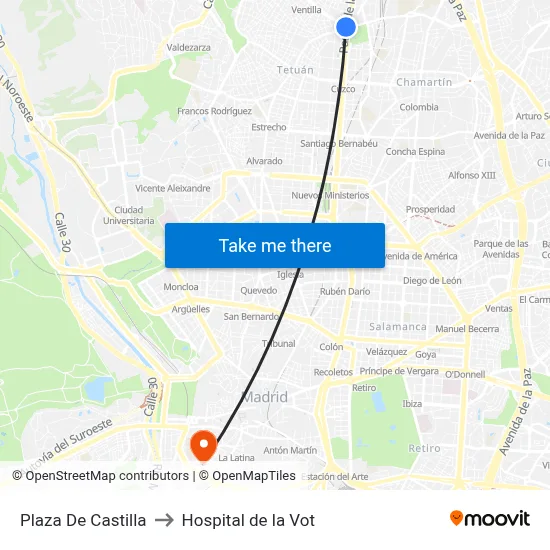 Plaza De Castilla to Hospital de la Vot map