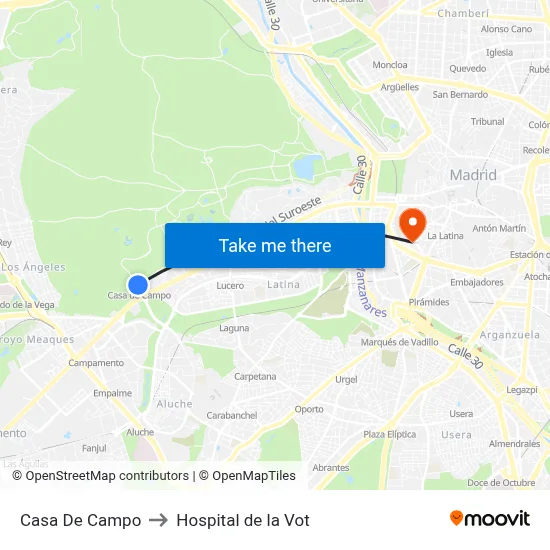 Casa De Campo to Hospital de la Vot map