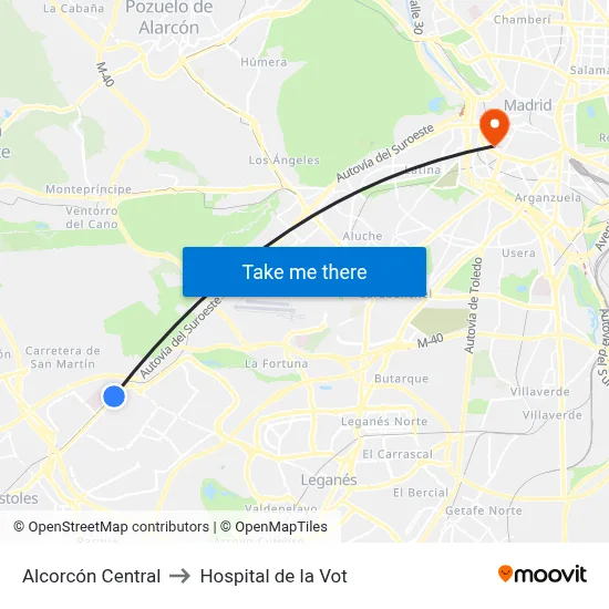Alcorcón Central to Hospital de la Vot map