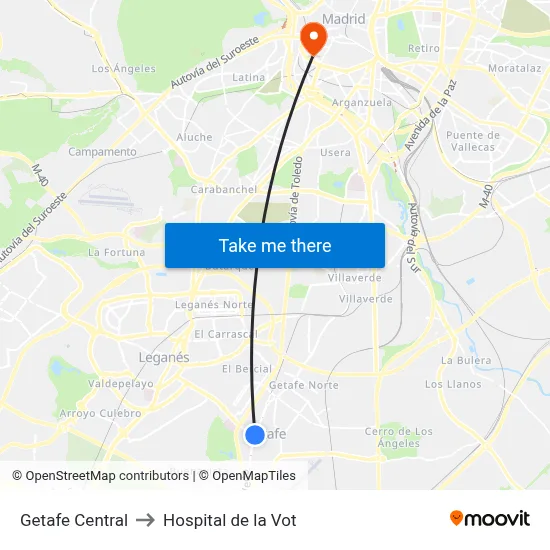 Getafe Central to Hospital de la Vot map