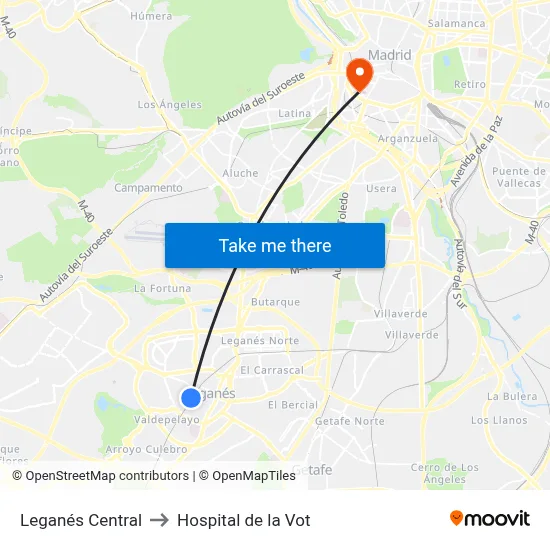 Leganés Central to Hospital de la Vot map