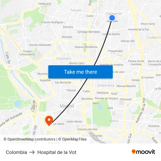 Colombia to Hospital de la Vot map