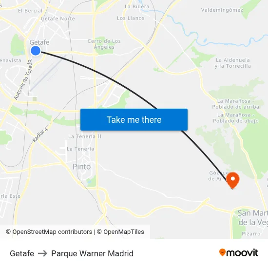 Getafe to Parque Warner Madrid map