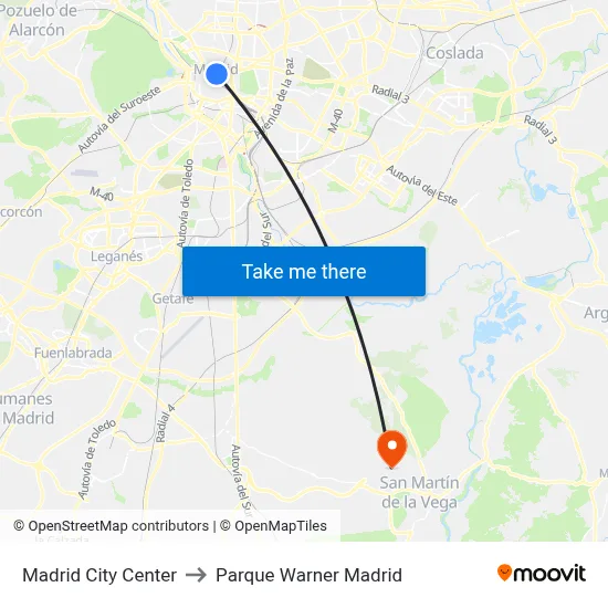 Madrid City Center to Parque Warner Madrid map