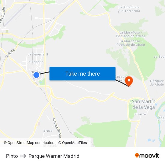 Pinto to Parque Warner Madrid map