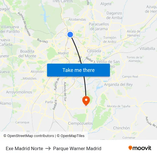 Exe Madrid Norte to Parque Warner Madrid map