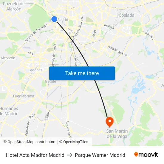 Hotel Acta Madfor Madrid to Parque Warner Madrid map
