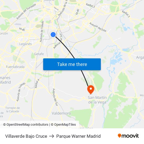 Villaverde Bajo Cruce to Parque Warner Madrid map