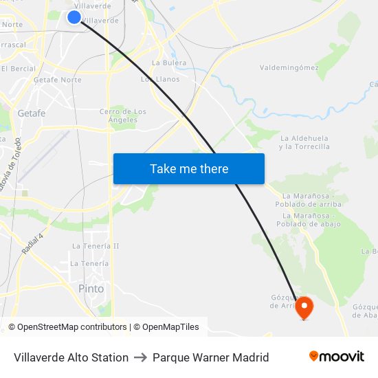 Villaverde Alto Station to Parque Warner Madrid map