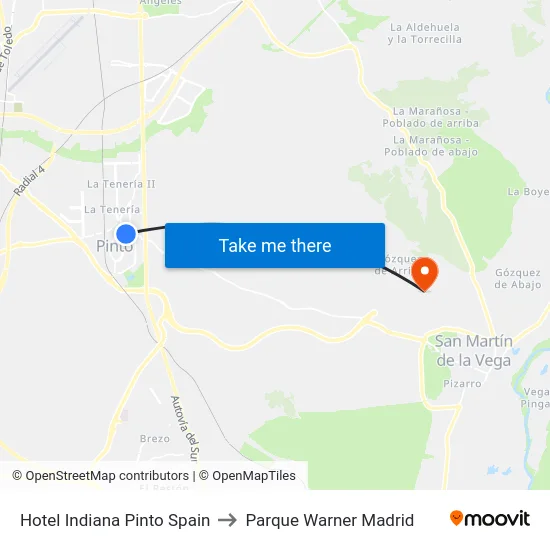 Hotel Indiana Pinto Spain to Parque Warner Madrid map