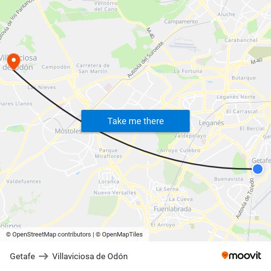 Getafe to Villaviciosa de Odón map