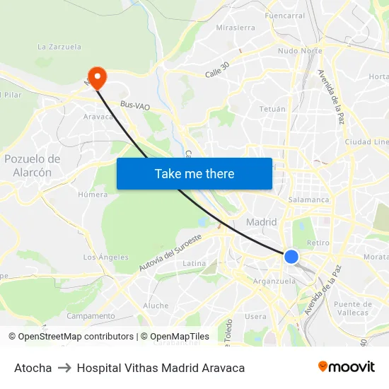 Atocha to Hospital Vithas Madrid Aravaca map