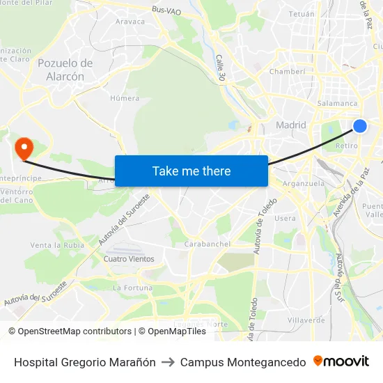 Hospital Gregorio Marañón to Campus Montegancedo map