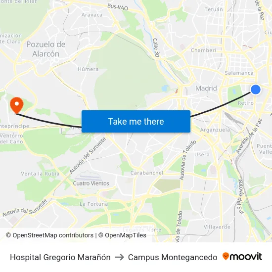 Hospital Gregorio Marañón to Campus Montegancedo map