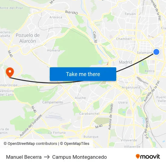 Manuel Becerra to Campus Montegancedo map